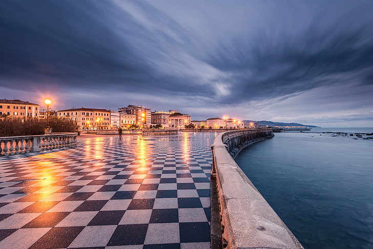brown houses, cityscape, architecture, town square, Europe, Italy, Livorno, terraces, checkered, old building, evening, long exposure, HD wallpaper