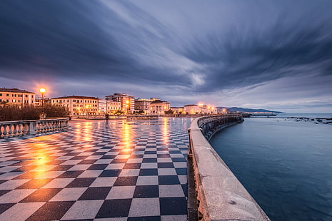 brown houses, cityscape, architecture, town square, Europe, Italy, Livorno, terraces, checkered, old building, evening, long exposure, HD wallpaper HD wallpaper