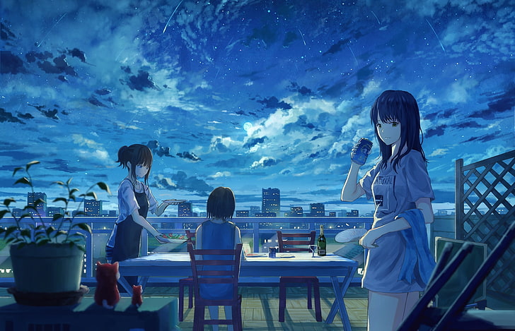 anime girls, night, friends, dinner, clouds, falling stars, Anime, HD wallpaper