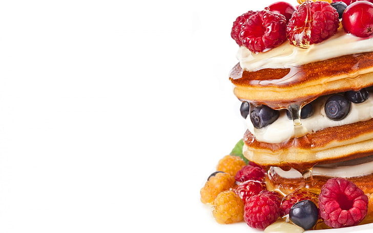 pancake, sirup, raspberry, blueberry, cloudberry, Wallpaper HD