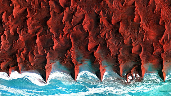дюна, въздушен изглед, Намибия, сателит, море, крайбрежие, пустиня, природа, Африка, HD тапет HD wallpaper