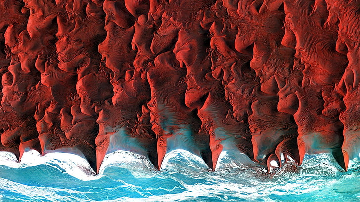 ภาพวาดนามธรรมสีแดงและสีน้ำเงิน, ธรรมชาติ, มุมมองทางอากาศ, ดาวเทียม, ทะเล, ชายฝั่ง, ทะเลทราย, นามิเบีย, แอฟริกา, เนินทราย, วอลล์เปเปอร์ HD