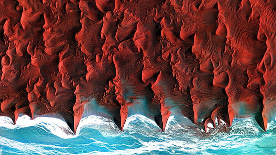 pittura astratta rossa e blu, natura, veduta aerea, satellite, mare, costa, deserto, Namibia, Africa, duna, Sfondo HD HD wallpaper