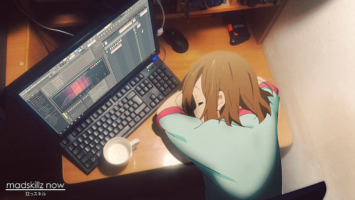 茶色の髪の女性のアニメの壁紙、アニメの女の子、けいおん！、平沢唯、寝ている、透かし入り、 HDデスクトップの壁紙