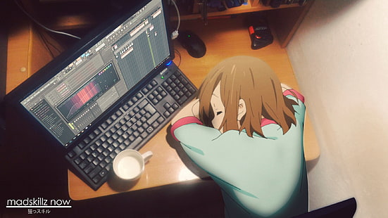 茶色の髪の女性のアニメの壁紙、アニメの女の子、けいおん！、平沢唯、寝ている、透かし入り、 HDデスクトップの壁紙 HD wallpaper