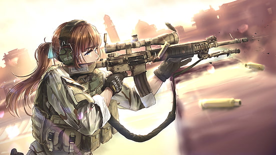 anime meninas, militar, menina com arma, cabelos longos, bala, tiro, HD papel de parede HD wallpaper