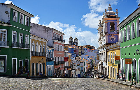 空、雲、人々、家、教会、ブラジル、サルバドール、バハ、ペロウリーニョ、バロック、 HDデスクトップの壁紙 HD wallpaper