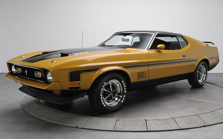 black and brown muscle car, background, Mustang, Ford, 1971, brown, the front, Muscle car, Mach 1, HD wallpaper