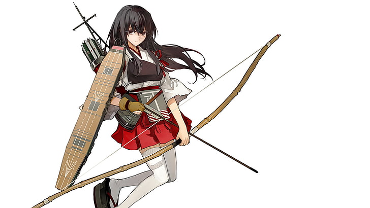 female archer anime character digital wallpaper, anime girls, weapon, bow, Kantai Collection, archer, arrows, anime, white background, HD wallpaper