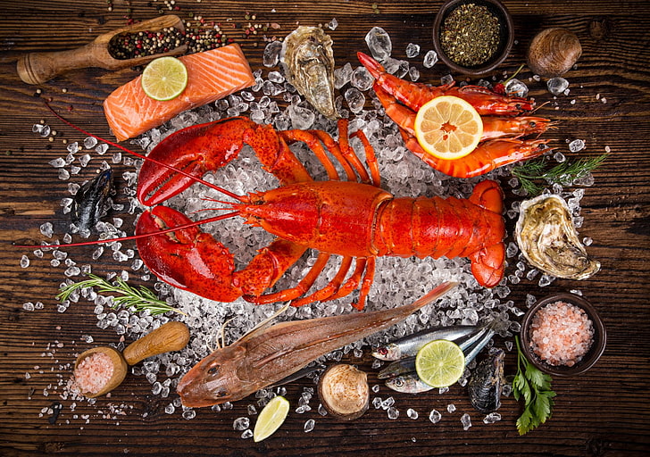Speisen, Meeresfrüchte, Krustentiere, Fisch, Hummer, Shrimps, Stillleben, HD-Hintergrundbild
