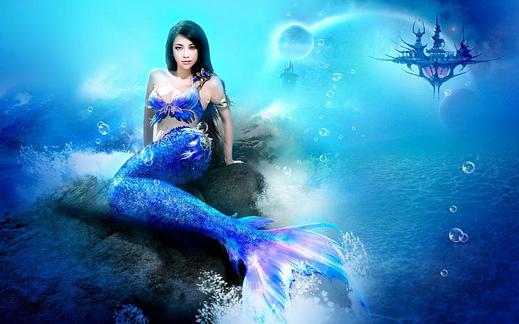 Putri Duyung Biru Cantik, putri duyung, biru, cantik, fantasi, 3d dan abstrak, Wallpaper HD