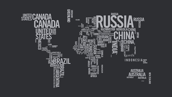 text cloud illustration, countries, continents, text, map, HD wallpaper