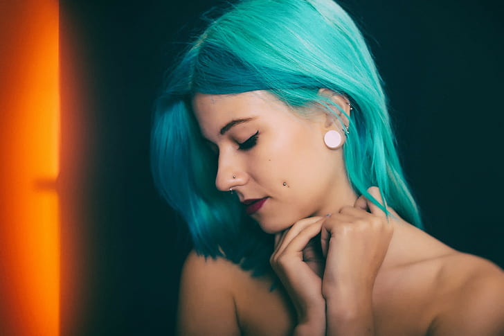 women, nose rings, pierced nose, piercing, blue hair, bare shoulders, closed eyes, dyed hair, lipstick, HD wallpaper