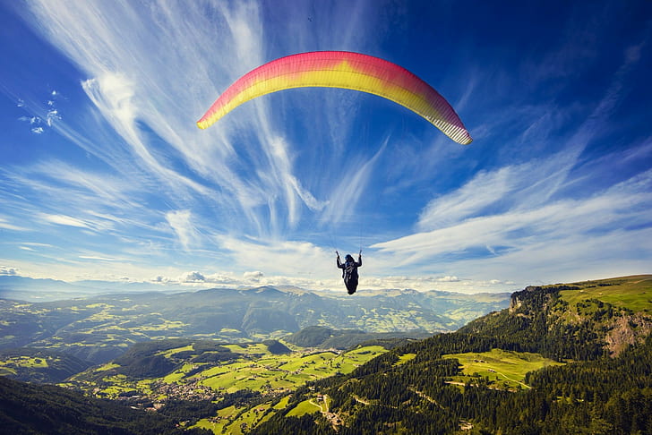 Parachute panorama mountains, sky, clouds, mountains, panorama, fields, parachute, forests, altitude, HD wallpaper
