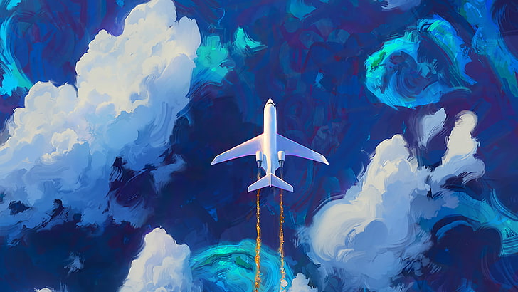 white airplane painting, white plane with blue and white skies painting, digital art, planes, clouds, RHADS, blue, cyan, HD wallpaper