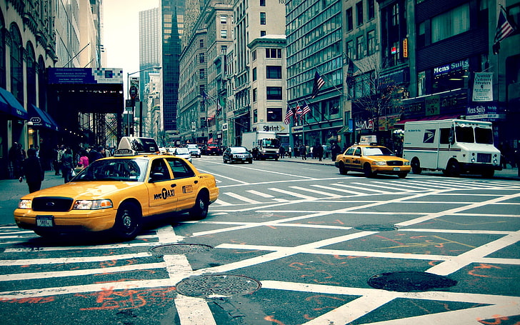 sedan Ford Crown Victoria kuning, new york, kota, jalan, taksi, Wallpaper HD