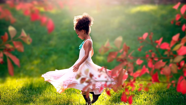 children, dark skin, pink dress, depth of field, grass, sunlight, leaves, ebony, HD wallpaper