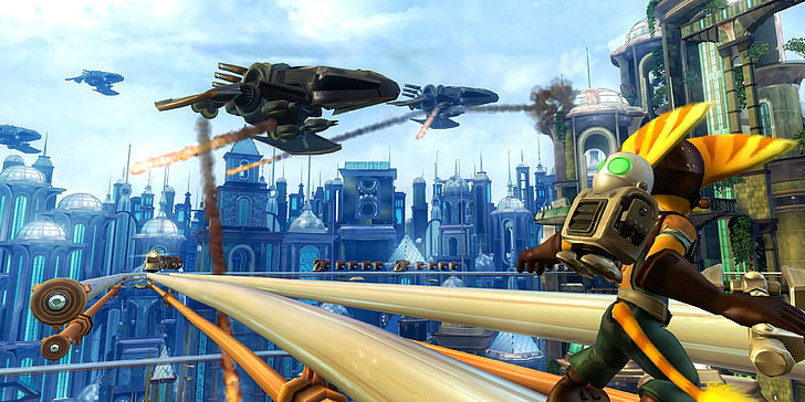 video game, tangkapan layar, Ratchet and Clank, airships, city, Ratchet dan Clank Future: Tools of Destruction, Wallpaper HD