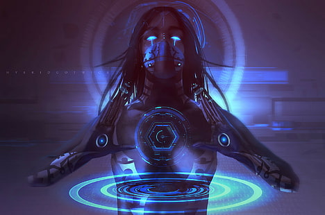 spojrzenie, dziewczyna, technologia, dłonie, cyborg, cyberpunk, sci-fi, Tapety HD HD wallpaper