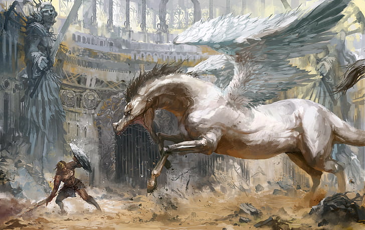 fighting, hero, shield, statue, arena, fantasy art, horse, artwork, sword, battle, Pegasus, wings, HD wallpaper