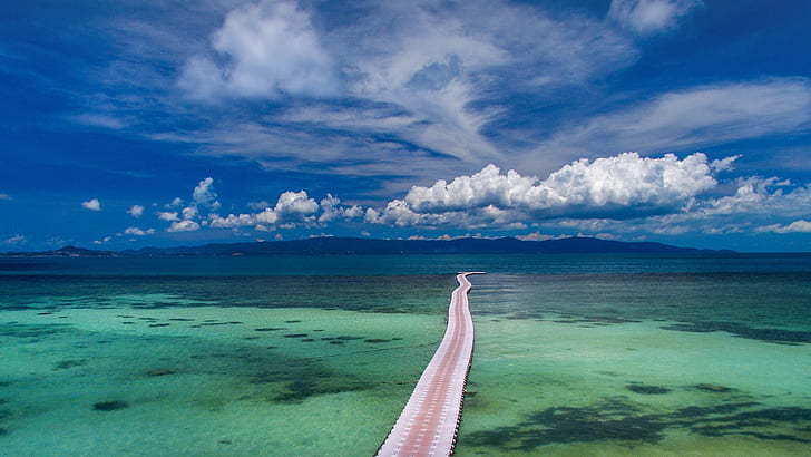 nature, landscape, water, coral reef, clouds, mountains, water ripples, sky, floating, bridge, Thailand, HD wallpaper