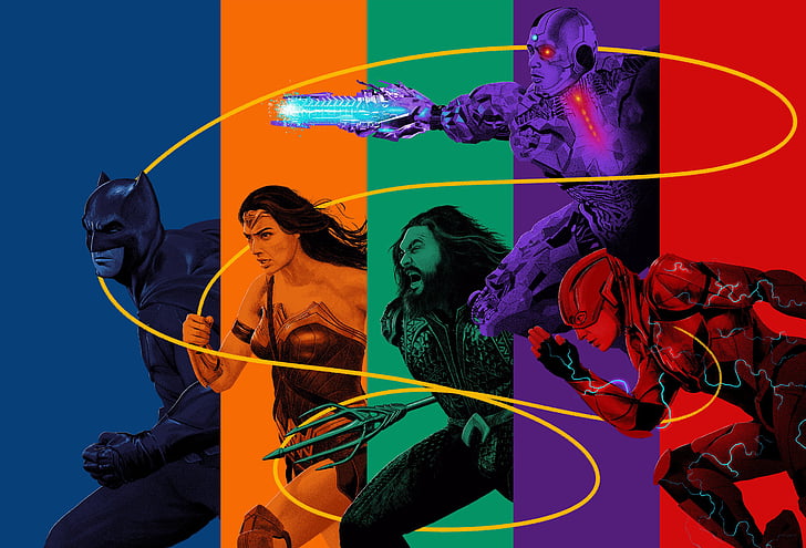 DC Justice League poster, Justice League, Batman, Wonder Woman, Aquaman, Cyborg, The Flash, 4K, HD wallpaper