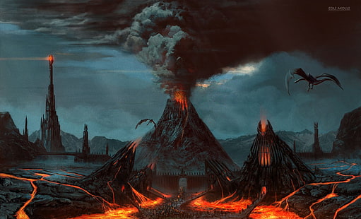 sfondo di eruzione vulcanica, Il Signore degli Anelli, Mordor, Nazgûl, Sauron, The Eye of Sauron, Mount Doom, lava, artwork, concept art, fantasy art, Barad-dûr, Sfondo HD HD wallpaper