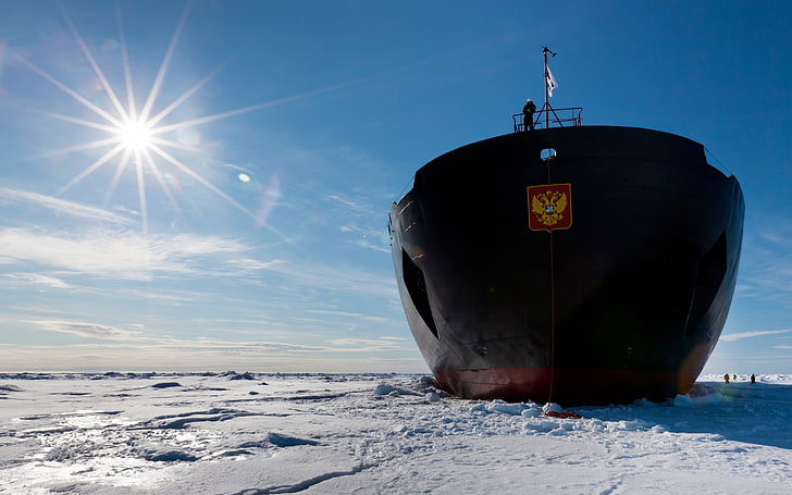 black and red cargo ship, The sun, The sky, Sea, Ice, Day, Icebreaker, Coat of arms, Russia, Nose, 50 years of Victory, Tank, Class-Arctic, Nuclear-Powered Icebreaker, HD wallpaper