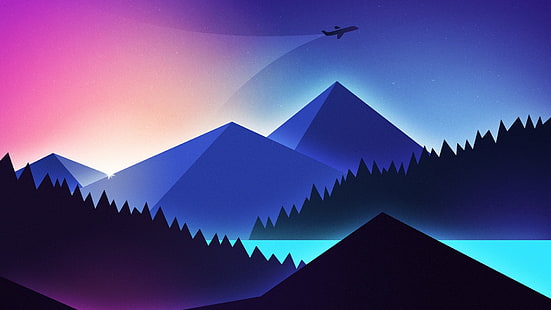 abstract, mountain, airplane, pink, minimalistic, minimalism, minimalist, minimal art, sky, purple, pyramid, material design, triangle, digital art, graphics, HD wallpaper HD wallpaper