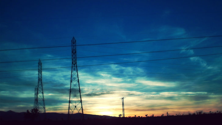 black steel tower, blue, sky, texture, power lines, HDR, landscape, clouds, HD wallpaper
