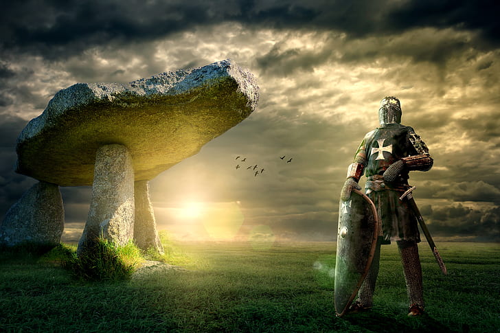 Fantasy, Knight, Boulder, Middle Ages, Rock, Shield, HD wallpaper