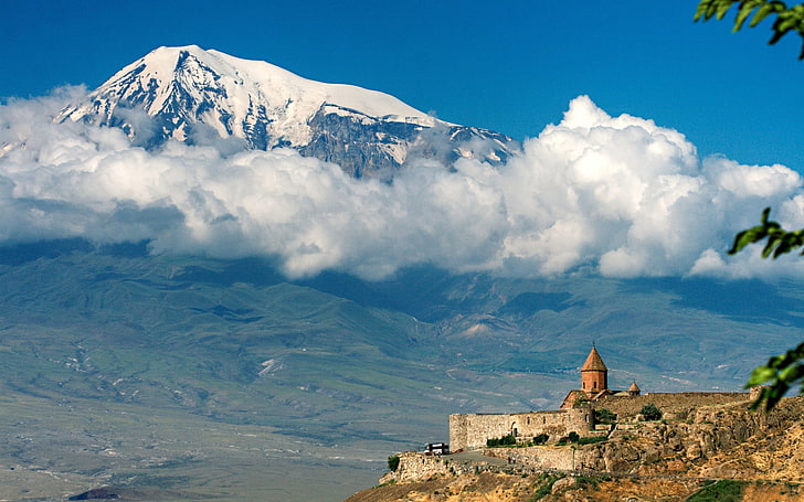 snow covered mountain, mountain, ararat, height, clouds, temple, HD wallpaper