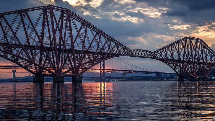 Regno Unito, Scozia, Forth bridge, fiume, notte, ponte sospeso, metallo nero, Regno Unito, Scozia, Bridge, fiume, notte, Sfondo HD