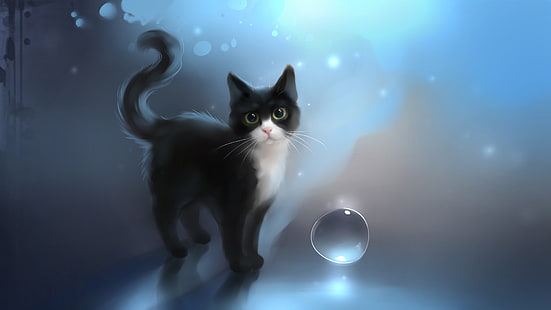 black and white kitten illustration, cat, art, apofiss, soulshine, HD wallpaper HD wallpaper