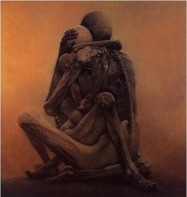 Hombre y mujer esqueleto abrazando obras de arte, Zdzisław Beksiński, dibujo, Fondo de pantalla HD, fondo de pantalla de teléfono
