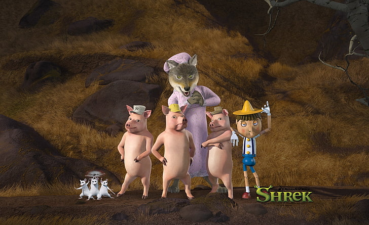 The Three Little Pigs And Pinocchio, Shrek character digital wallpaper, Cartoons, Shrek, shrek forever after, three little pigs, pinocchio, three little pigs and pinocchio, cody cameron as pinocchio, three little pigs, HD wallpaper