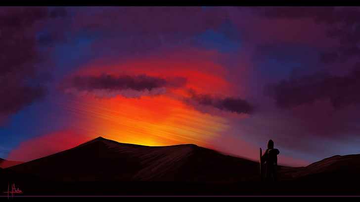 karya seni, ilustrasi, langit, gunung, awan, matahari terbenam, Wallpaper HD