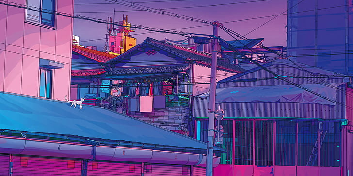 Tóquio, Japão, estética, obras de arte, arte digital, gatos, telhados, HD papel de parede