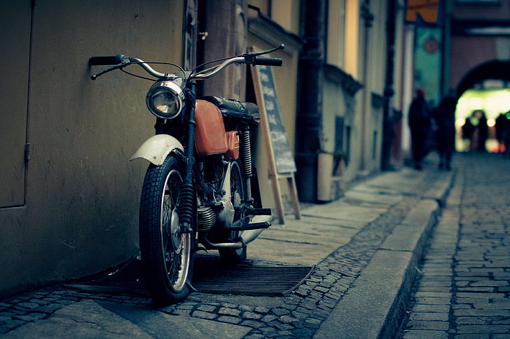 brick, engine, motorbike, motorcycle, old, sidewalk, street, vintage, HD wallpaper