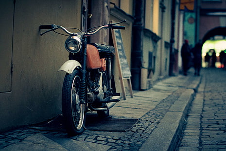 brick, engine, motorbike, motorcycle, old, sidewalk, street, vintage, HD wallpaper HD wallpaper