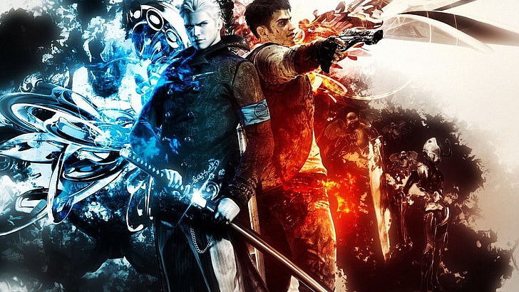 two man character holding gun and staff poster, DmC: Devil May Cry, Dante, Vergil, video games, HD wallpaper
