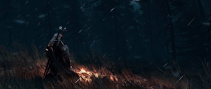 The Witcher, The Witcher 3: Wild Hunt, Bonfire, Fire, Geralt of Rivia, การทำสมาธิ, กลางคืน, วอลล์เปเปอร์ HD