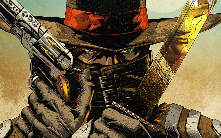 homme portant chapeau de cowboy et tenant illustration de revolver, fond d'écran du jeu, acier rouge, western, style de brosse, Fond d'écran HD