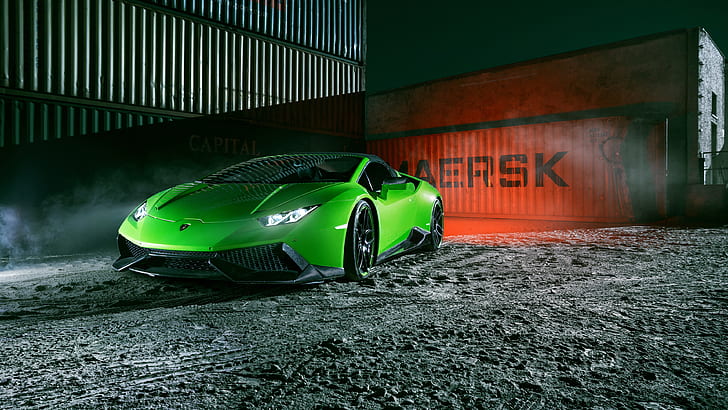 Lamborghini Huracan Spyder yeşil supercar önden görünümü, gece, rıhtım, Lamborghini, Huracan, Spyder, Yeşil, Supercar, Önden, Görünüm, Gece, Dock, HD masaüstü duvar kağıdı