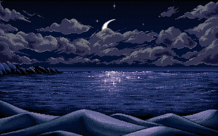 digital art pixel art pixels moon horizon blue reflection nature sea clouds hills mountains night stars landscape, HD wallpaper