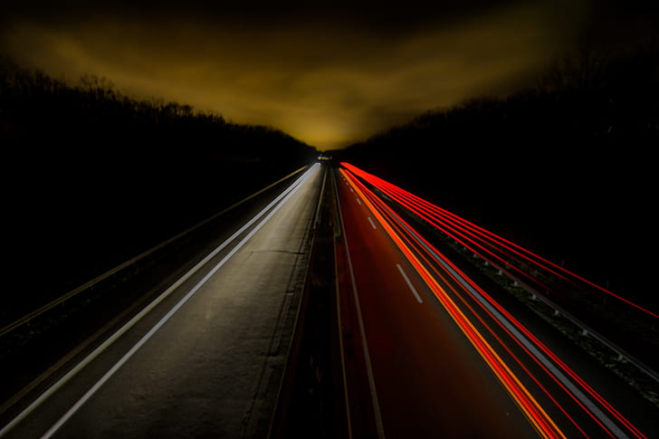 الظلام ، الطريق ، حركة المرور ، التعرض الطويل، خلفية HD