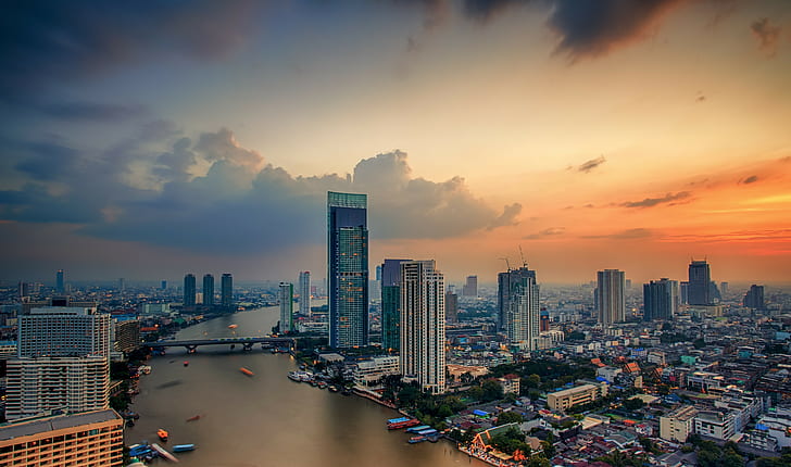 Thailand, architecture, building, clouds, town, river, Bangkok, city, perspective, landscape, Thai, sky, HD wallpaper