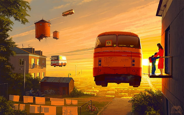 Alexey Andreev, dzieło sztuki, grafiki koncepcyjne, surrealistyczne, pojazd, pejzaż miejski, niebo, światło słoneczne, Tapety HD