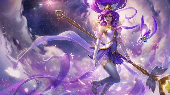 Summoner's Rift, Janna (League of Legends), purple dresses, staff, magic, fantasy art, Star Guardian, HD wallpaper HD wallpaper