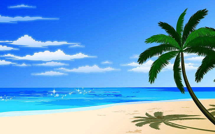 Illustrazione della spiaggia e della palma, della palma e del corpo d'acqua del fumetto, cartoni animati, Sfondo HD